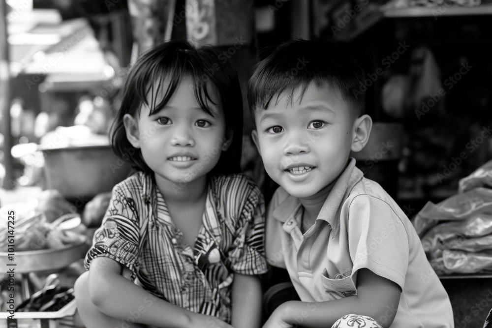 Portrait of two Asian children smiling and looking at camera in black and white Portrait of two Asian children smiling and looking at camera in black and white