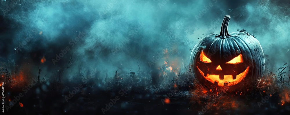 A spooky Halloween scene featuring a glowing jack-o'-lantern surrounded by mist and eerie atmosphere. A spooky Halloween scene featuring a glowing jack-o'-lantern surrounded by mist and eerie atmosphere.