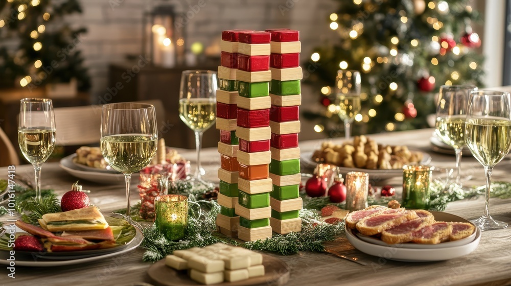 Festive Holiday Table with Jenga Game Setup Festive Holiday Table with Jenga Game Setup