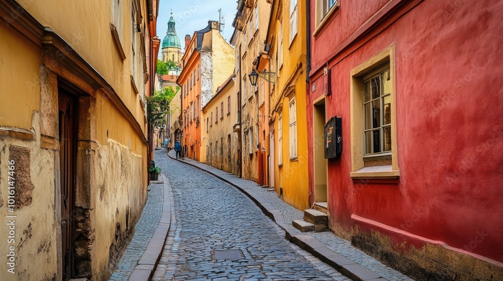 Fototapeta premium Charming Cobblestone Street in Historic European Town with Colorful Buildings and Tower in the Distance