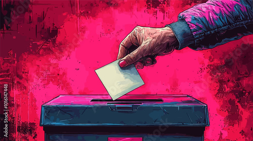 Vibrant illustration of a hand casting a vote into a ballot box with a bold pink and red background