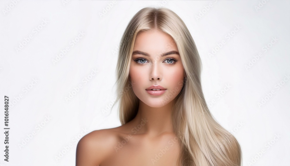 studio portrait of a blonde woman with nude shoulders on white background studio portrait of a blonde woman with nude shoulders on white background