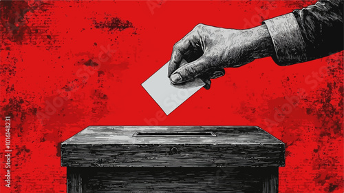Vector illustration of an hand placing a ballot in a wooden ballot box with a bold red and black background
