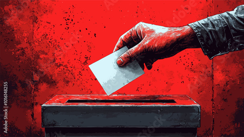 Vector illustration of an hand casting a ballot into a ballot box against a vibrant, artistic background, symbolizing modern democracy and political participation