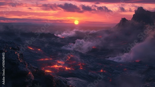 A volcanic landscape with black lava rock stretching across the ground, steam rising from cracks as the sun sets in the distance. photo