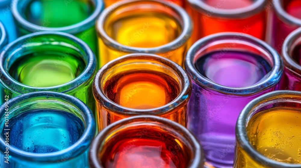 Close-up of colorful glass vials in vibrant hues, creating a joyful and artistic display. Close-up of colorful glass vials in vibrant hues, creating a joyful and artistic display.