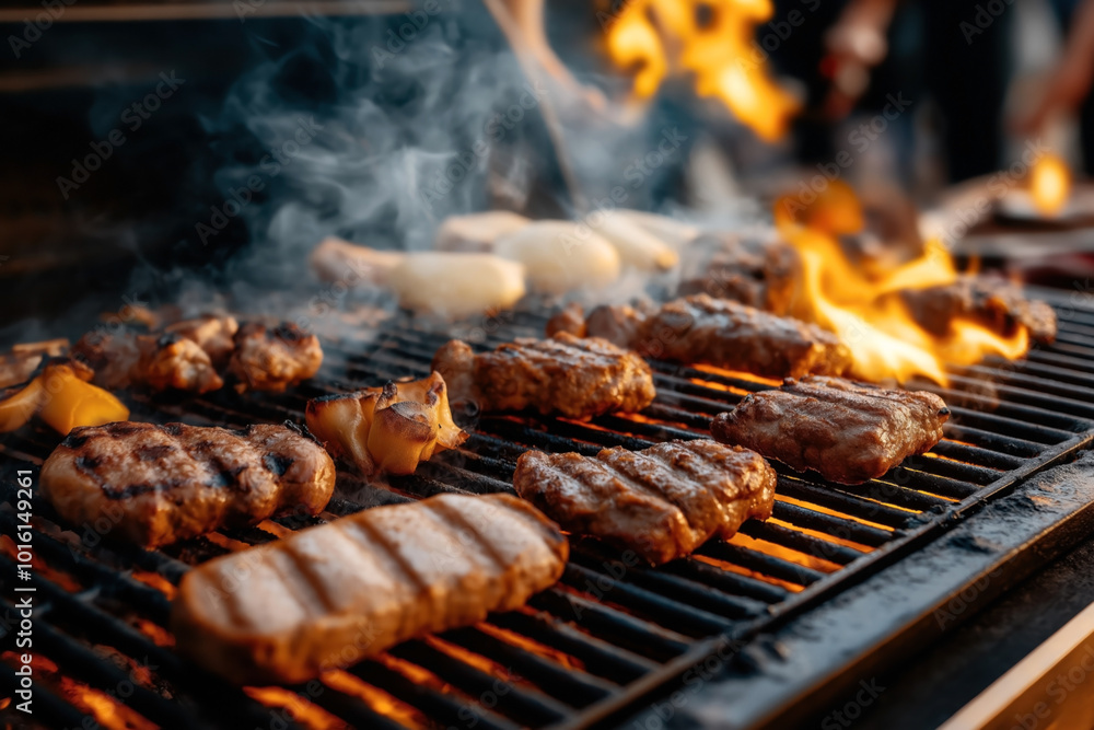 Close-up of various meats and vegetables grilling on a barbecue with flames and smoke visible, capturing an outdoor cooking or barbecue scene. Close-up of various meats and vegetables grilling on a barbecue with flames and smoke visible, capturing an outdoor cooking or barbecue scene.