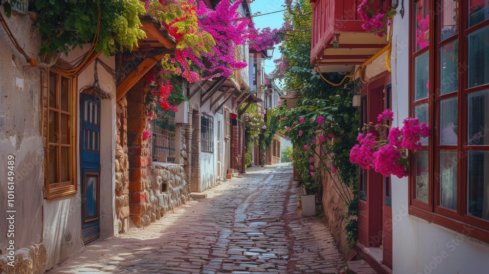 Fototapeta premium A charming cobblestone street lined with vibrant bougainvillea and rustic architecture, inviting a nostalgic wander through a picturesque, sun-drenched village.
