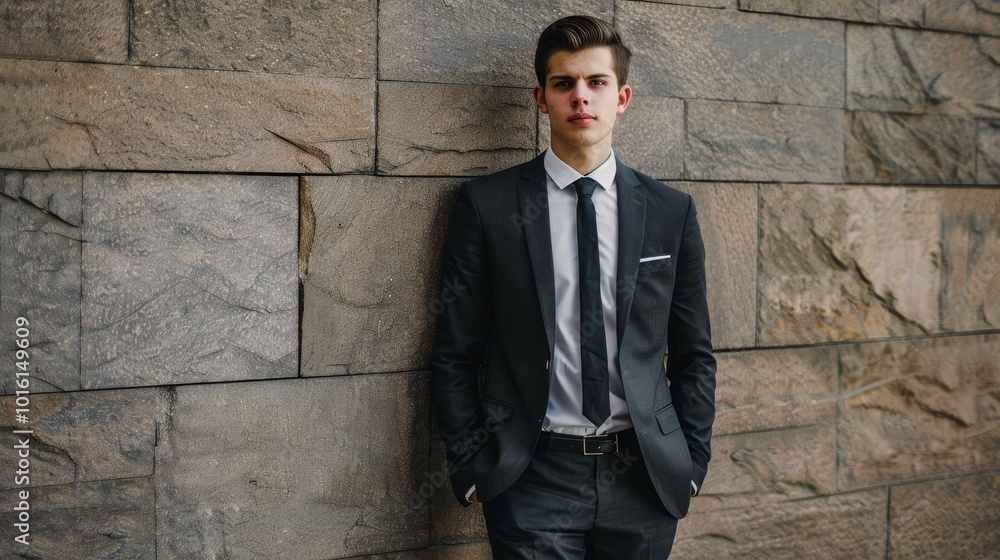 A young man in a sharp suit leans against a stone wall, emitting confidence and sophistication in an urban setting. A young man in a sharp suit leans against a stone wall, emitting confidence and sophistication in an urban setting.
