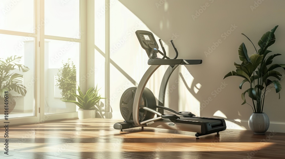 Obraz premium Elliptical Trainer in a Sunlit Room with Plants