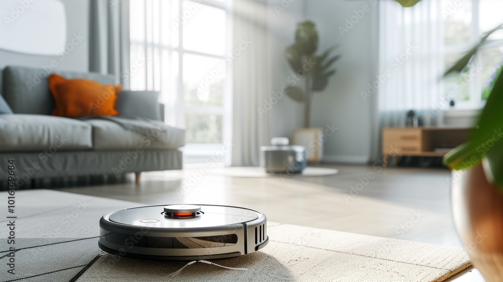 Robot Vacuum Cleaner on Carpet in a Modern Living Room Robot Vacuum Cleaner on Carpet in a Modern Living Room