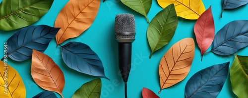 Microphone surrounded by colorful leaves on a vibrant blue background, perfect for nature and music themes.