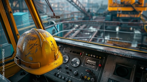 View from an industrial cabin, showcasing a yellow hard hat and numerous controls, alluding to a bustling construction environment.