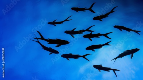 Silhouetted fish swim in synchrony against a deep blue, underwater backdrop. An elegant display of marine life and aquatic serenity.