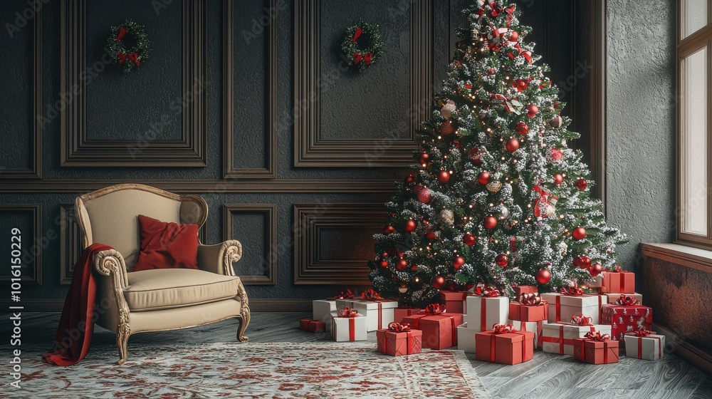 A large Christmas tree is in the middle of a room with a chair A large Christmas tree is in the middle of a room with a chair