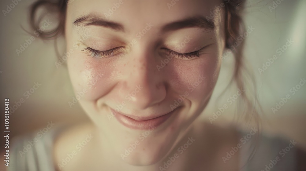 A peaceful close-up portrait of a person with closed eyes and slight smile, bathed in soft light, expressing contentment and introspection. A peaceful close-up portrait of a person with closed eyes and slight smile, bathed in soft light, expressing contentment and introspection.