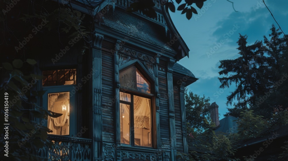 An enchanting Victorian house at dusk, with warm light glowing from ornate windows, surrounded by lush greenery and a serene sky. An enchanting Victorian house at dusk, with warm light glowing from ornate windows, surrounded by lush greenery and a serene sky.