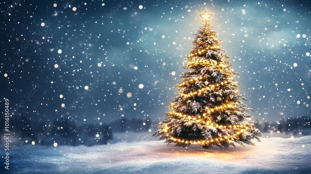 Illuminated Christmas Tree in a Snowy Winter Landscape Illuminated Christmas Tree in a Snowy Winter Landscape