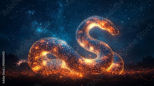 A radiant orange snake gracefully slithers across a field under the starry night sky, symbolizing agility and power through an incandescent digital art form.