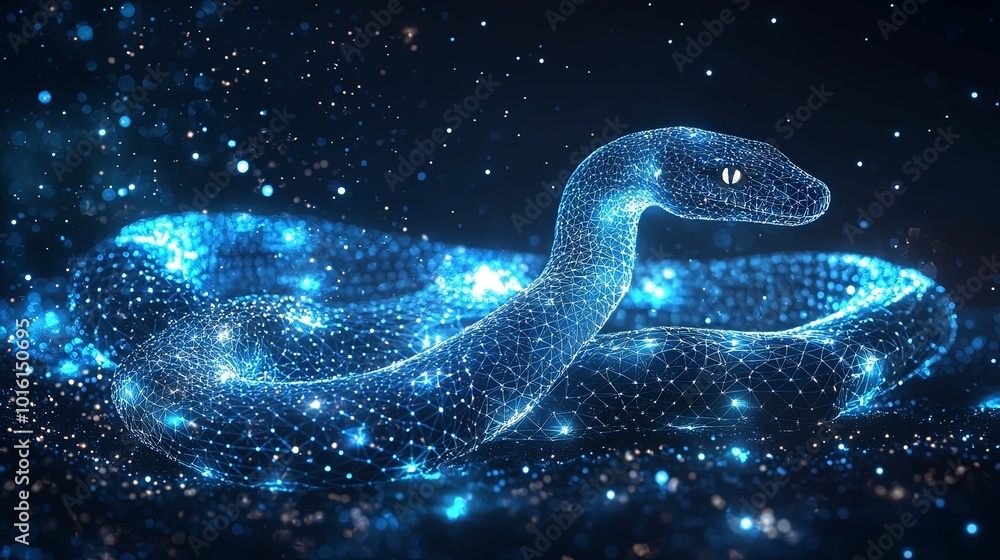 A serene snake, depicted in blue digital mesh, rests under a sparkling star-filled night sky, capturing the tranquility and digital artistry of modern aesthetics. A serene snake, depicted in blue digital mesh, rests under a sparkling star-filled night sky, capturing the tranquility and digital artistry of modern aesthetics.