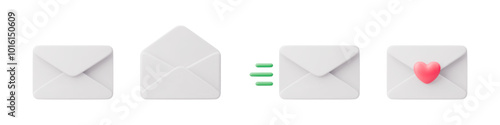 Set of different white mail. Notification icon, message. Getting a letter, receiving a letter. Letter in an envelope isolated on a white background in realistic style.