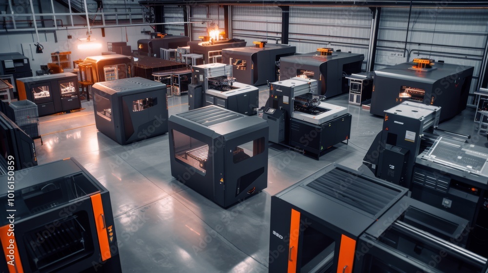 Naklejka premium A futuristic factory floor with advanced 3D printers aligned in a well-lit industrial space.