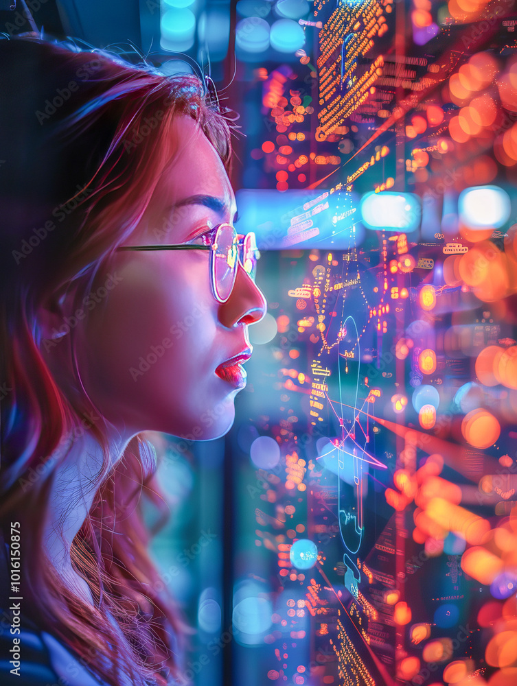 Young woman analyzing data on digital interface in futuristic environment Young woman analyzing data on digital interface in futuristic environment