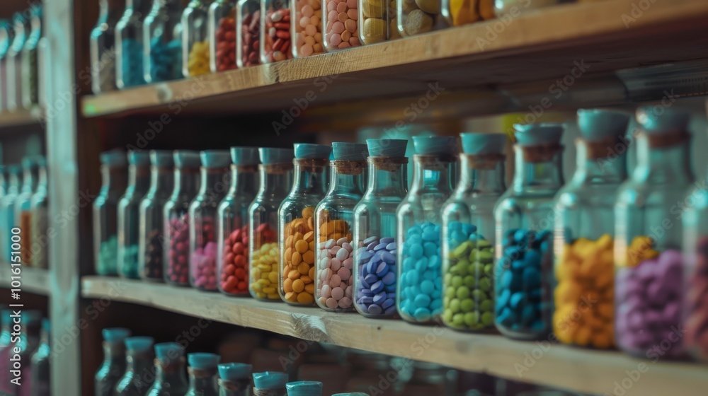 custom made wallpaper toronto digitalGlass jars filled with colorful candy line wooden shelves, creating a vibrant and nostalgic corner reminiscent of an old-fashioned candy store.