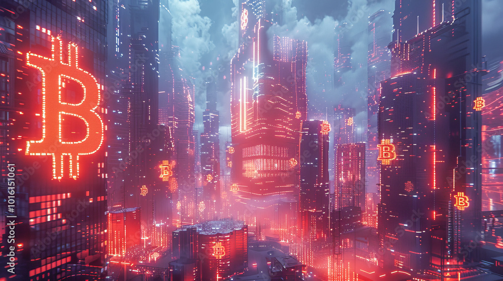 Fototapeta premium Bitcoin cryptocurrency symbol illuminating futuristic cityscape at night