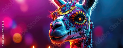 A vibrant, artistic llama with intricate designs and bright colors, set against a colorful, glowing background.