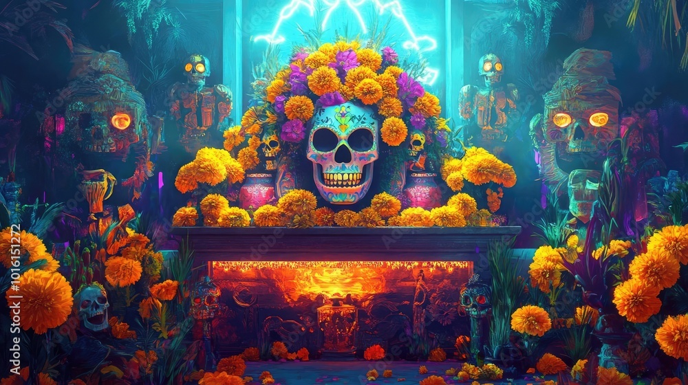 A vibrant altar celebrating the Day of the Dead, adorned with flowers, candles, and colorful elements, evoking a mystical atmosphere. A vibrant altar celebrating the Day of the Dead, adorned with flowers, candles, and colorful elements, evoking a mystical atmosphere.