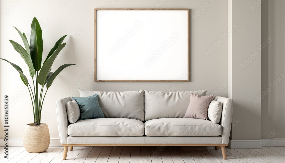 A blank canvas in a wooden frame is positioned above a white sofa with colorful pillows in a minimalist living room. There is natural light streaming in from a large window. A blank canvas in a wooden frame is positioned above a white sofa with colorful pillows in a minimalist living room. There is natural light streaming in from a large window.