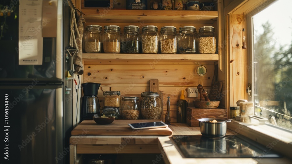 Sunlit rustic kitchen corner filled with glass jars and kitchen utensils, creating a cozy and well-organized cooking atmosphere. Sunlit rustic kitchen corner filled with glass jars and kitchen utensils, creating a cozy and well-organized cooking atmosphere.