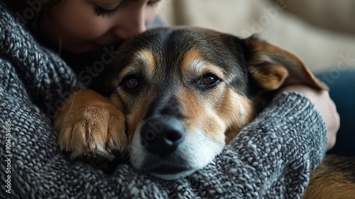 Person Cuddling Dog on Couch Together