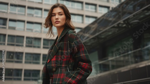 Confident in a plaid coat, a woman stands amidst modern city architecture, embodying a blend of contemporary style and poised elegance.