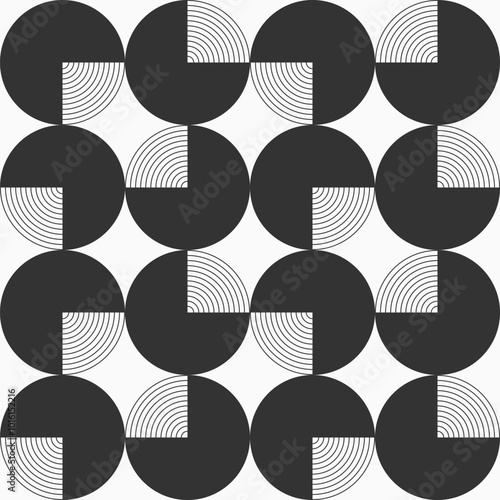 Pattern_2686_Abstract geometric circles seamless vector pattern. Vector monochrome background. Repeatimg quarter circles shapes. Simple geometric shapes pattern. Poster or cover flat design. Blacurves photo