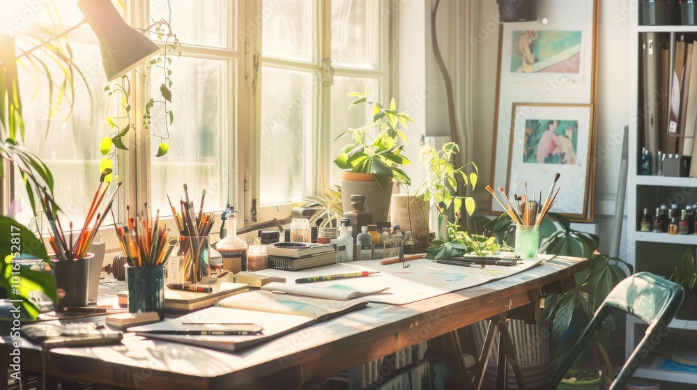 Sunlit art studio brimming with creativity, as illustrated by scattered paintbrushes, canvas, and growing plants, setting a lively and imaginative scene. Sunlit art studio brimming with creativity, as illustrated by scattered paintbrushes, canvas, and growing plants, setting a lively and imaginative scene.