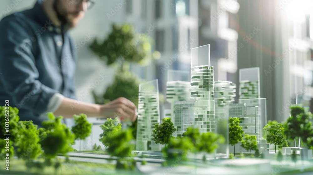 An architect in focus adjusts a landscaped model of futuristic buildings, with greenery, indicating sustainable urban design. An architect in focus adjusts a landscaped model of futuristic buildings, with greenery, indicating sustainable urban design.