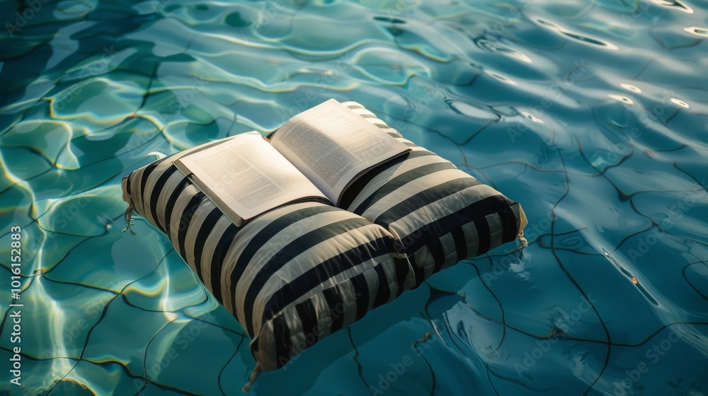 A striped pillow and an open book float serenely on gently rippling pool water, creating a tranquil escape in a dreamy setting. A striped pillow and an open book float serenely on gently rippling pool water, creating a tranquil escape in a dreamy setting.