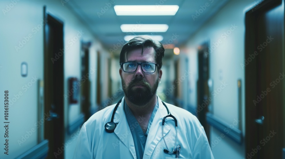 A focused doctor stands in a brightly lit hospital corridor, conveying dedication and professionalism amid the sterile yet vital atmosphere. A focused doctor stands in a brightly lit hospital corridor, conveying dedication and professionalism amid the sterile yet vital atmosphere.