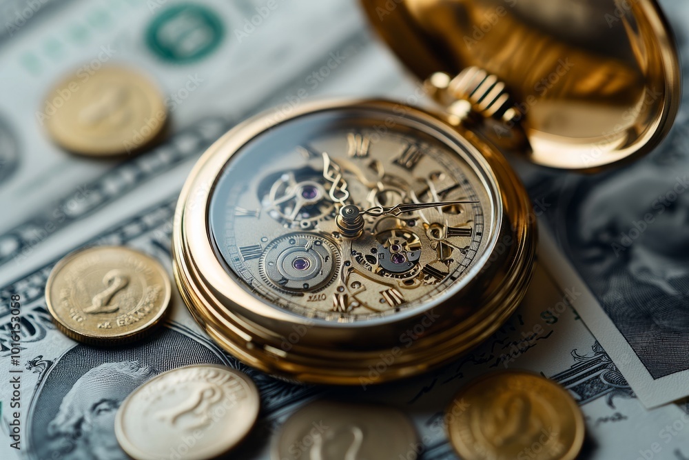 Close-up of a gold pocket watch with intricate design surrounded by coins and dollar bills. Close-up of a gold pocket watch with intricate design surrounded by coins and dollar bills.