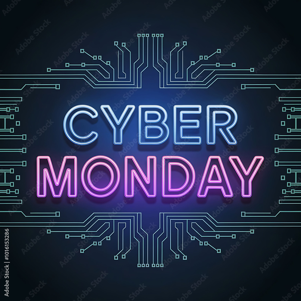 Fototapeta premium A post design with text Cyber Monday with neon sign light on dark background, 3D illustration