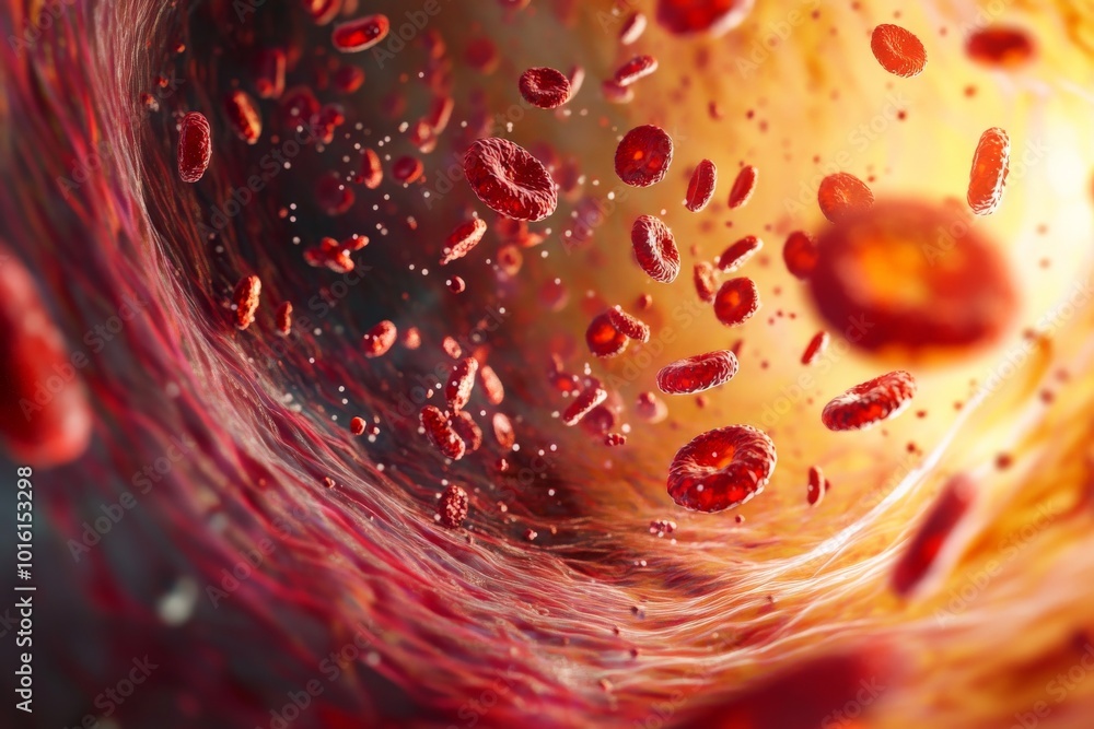 This image represents a swirling tunnel filled with red blood cells ...