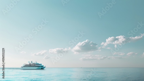 A luxurious yacht floats serenely on a tranquil blue ocean under a vast sky with soft clouds, evoking a sense of freedom and adventure.