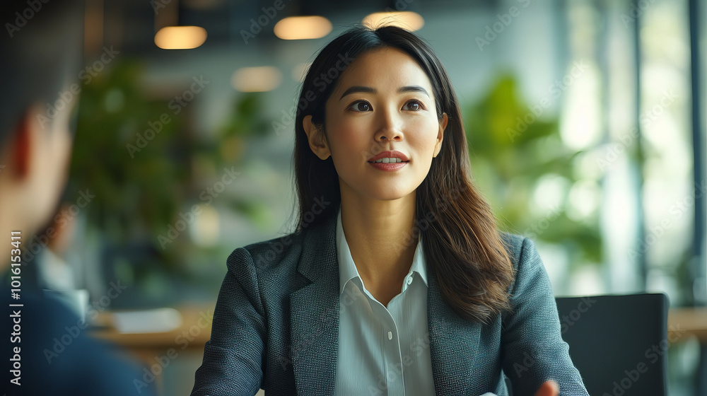Woman Leading Virtual Meeting in Modern Office Setting Woman Leading Virtual Meeting in Modern Office Setting