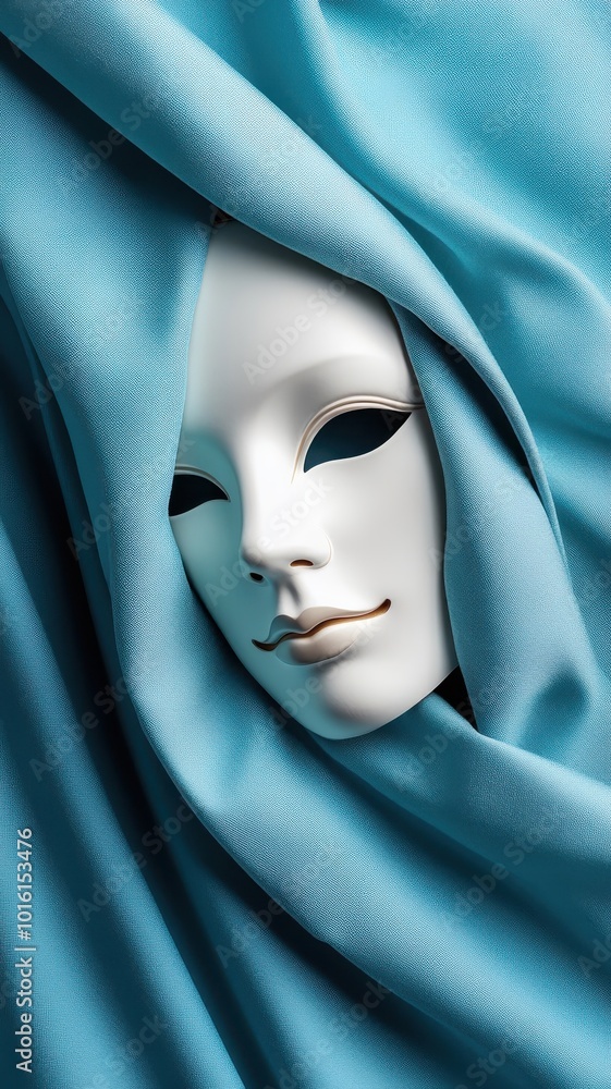 White Venetian mask with features obscured by shadows, chiaroscuro lighting. White Venetian mask with features obscured by shadows, chiaroscuro lighting.