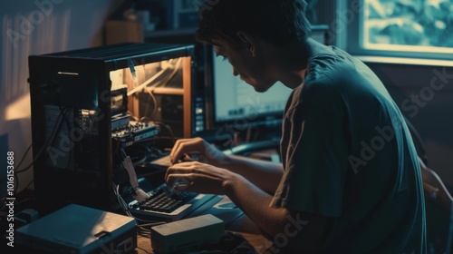 Focused young man meticulously assembles his computer in a softly lit room, embodying passion and concentration as he engages in tech craftsmanship. photo