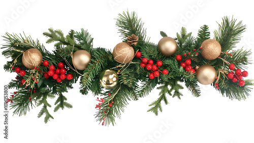 Festive pine garland adorned with red berries, golden ornaments, and pine cone, perfect for holiday decorations. This vibrant arrangement brings cheerful touch to any space photo