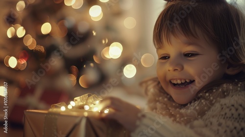 A joyful child with sparkling eyes opens a lit Christmas present, surrounded by a beautifully decorated Christmas tree and festive lights.