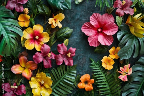 A vibrant and exotic collection of tropical flowers including striking red hibiscuses, surrounded by lush green foliage, creating a sense of paradise and island allure. photo